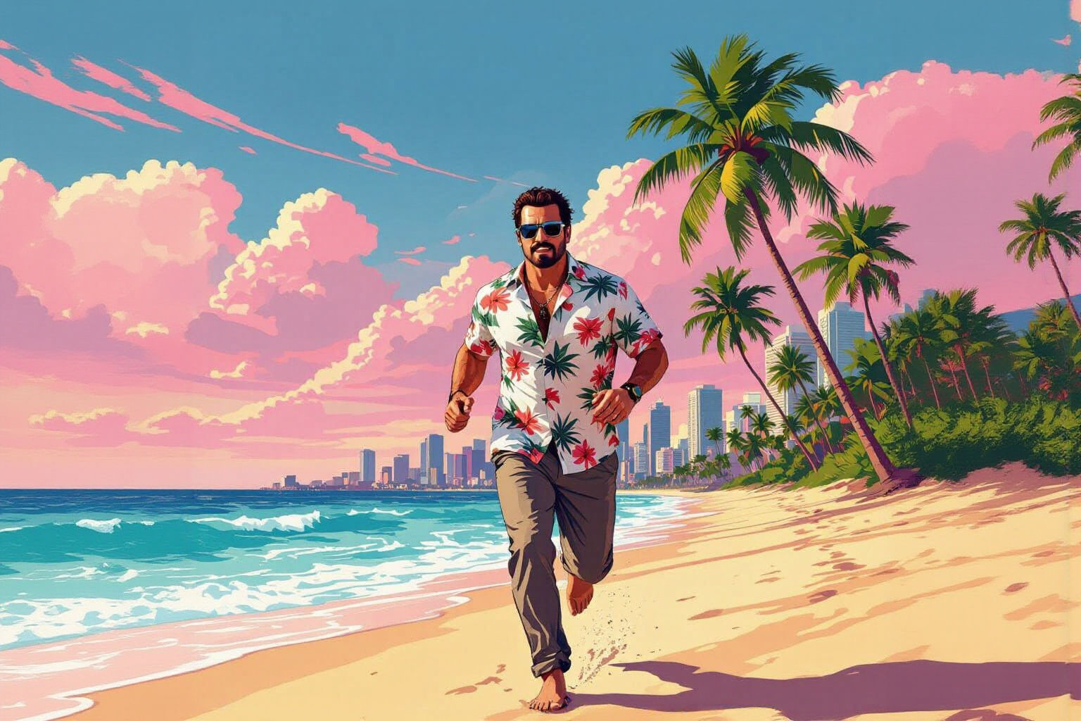 Man Running on Beach in GTA Style