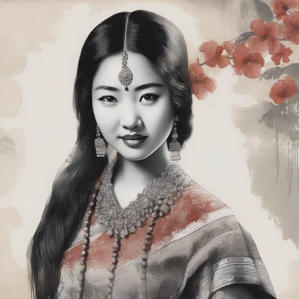 Serene Indian Goddess in Traditional Chinese Ink Art