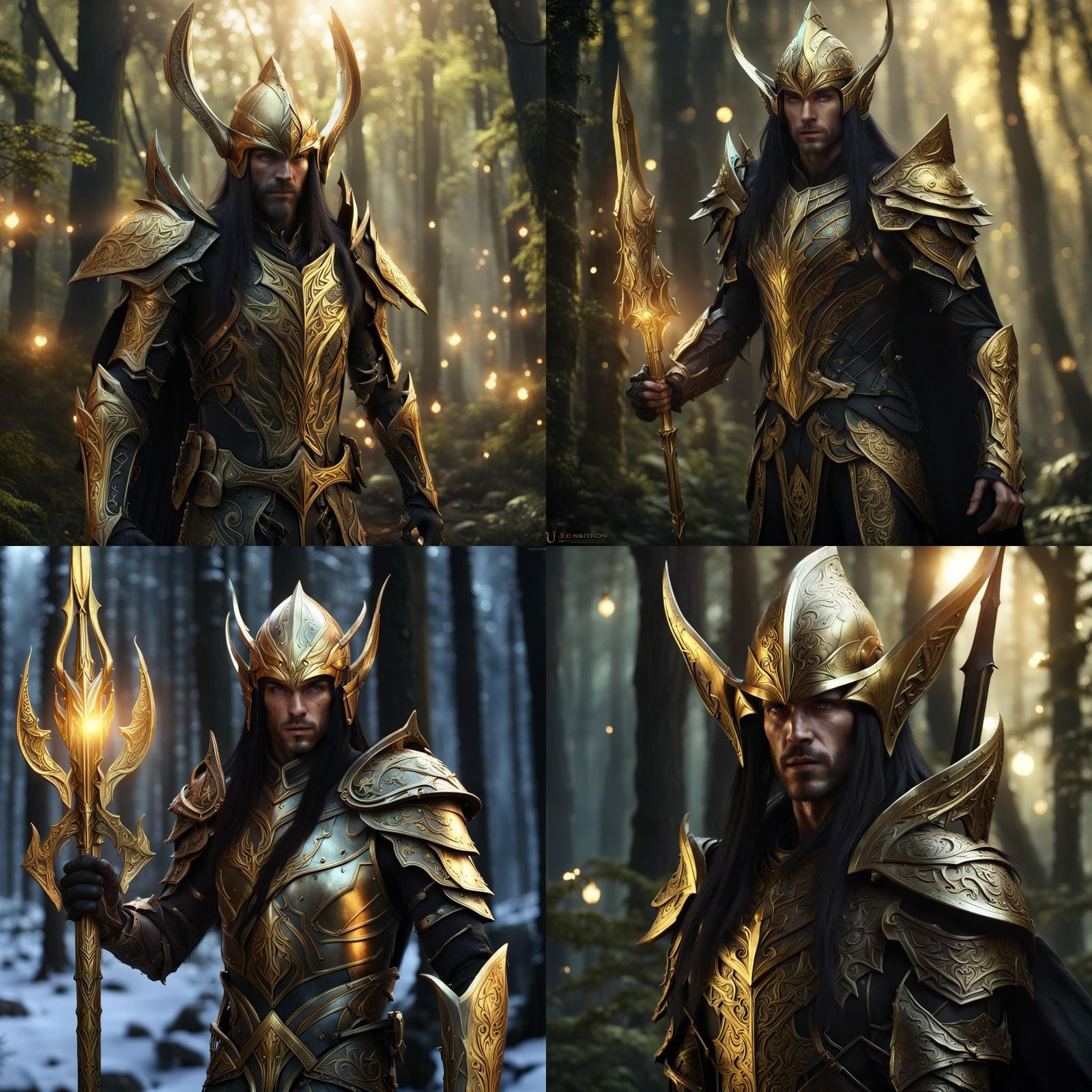 High Elf in Golden Armor Amidst Glowing Forest