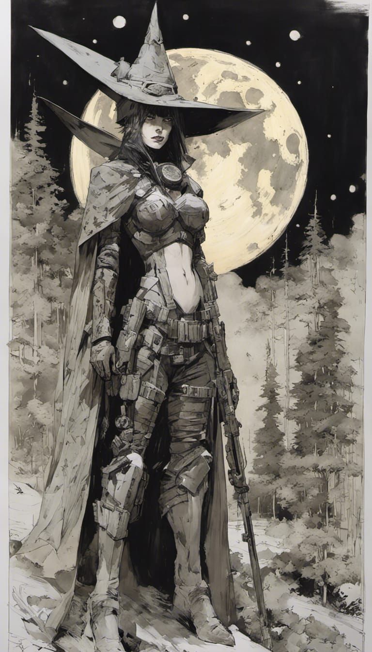 Goth Witch in Armor Under Full Moon