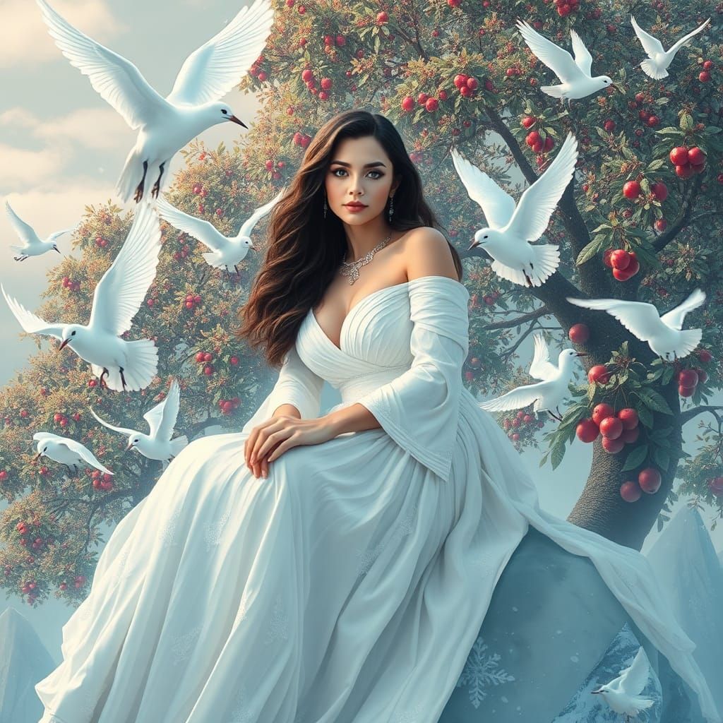 Ethereal Woman with Birds on Iceberg, Dreamlike Digital Art