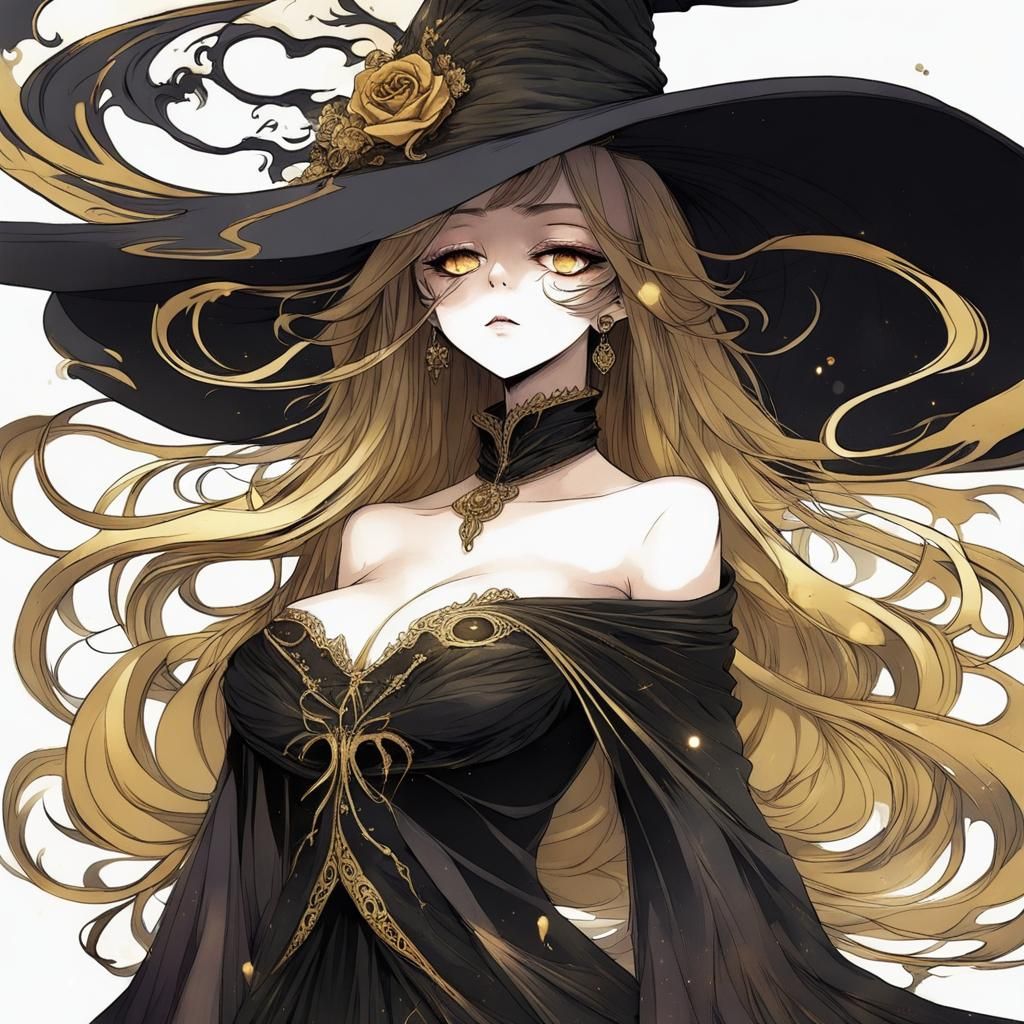 Eerie Witch in Black and Gold Gown: Anime Art