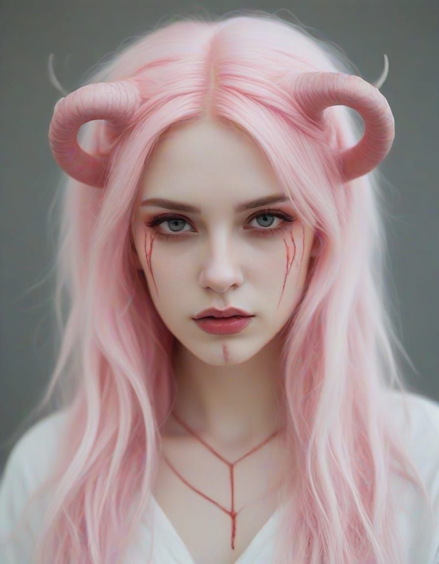 A young demon girl with horns, white alabaster porcelain streaked with blood red veins and long neon pink hair