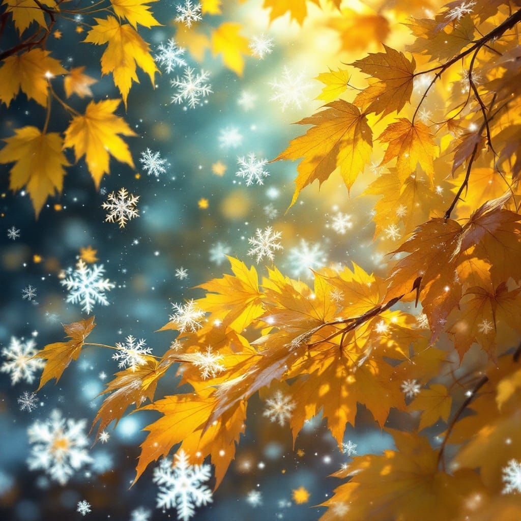 Snowflakes on Autumn Leaves in Holographic Style