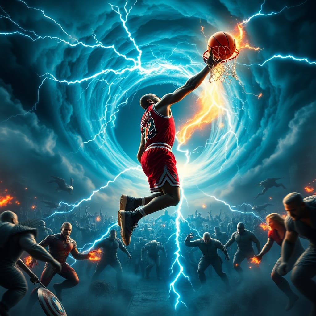 Heroic Basketball Dunk Amidst an Epic Avengers Battle