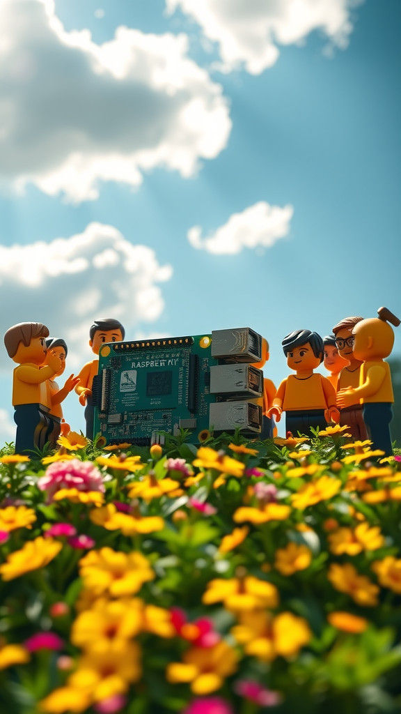 LEGO Raspberry Pi 5 on Flower Hill in Sunlight