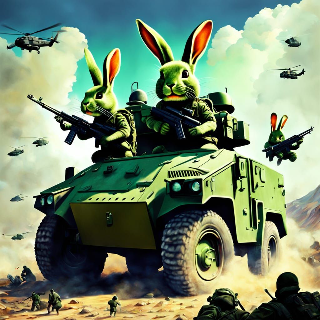 Green Rabbit Soldiers Conquer World in Photorealistic Style