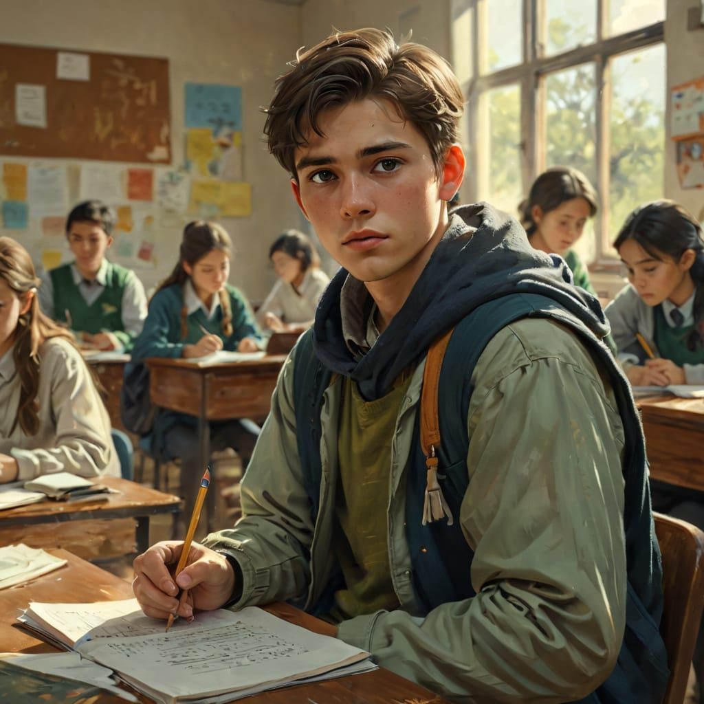 Focused Student Studying in Classroom with Neat Notes