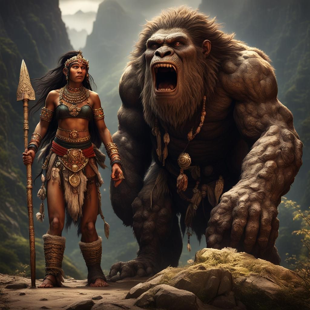 Naga Warriors Face Yeti in Tibet, Dark Fantasy Art