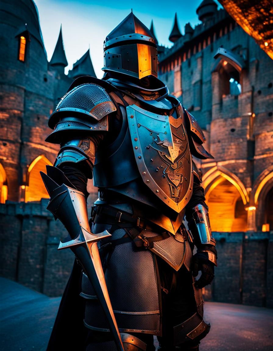Cyberpunk Knight Guarding Medieval Castle