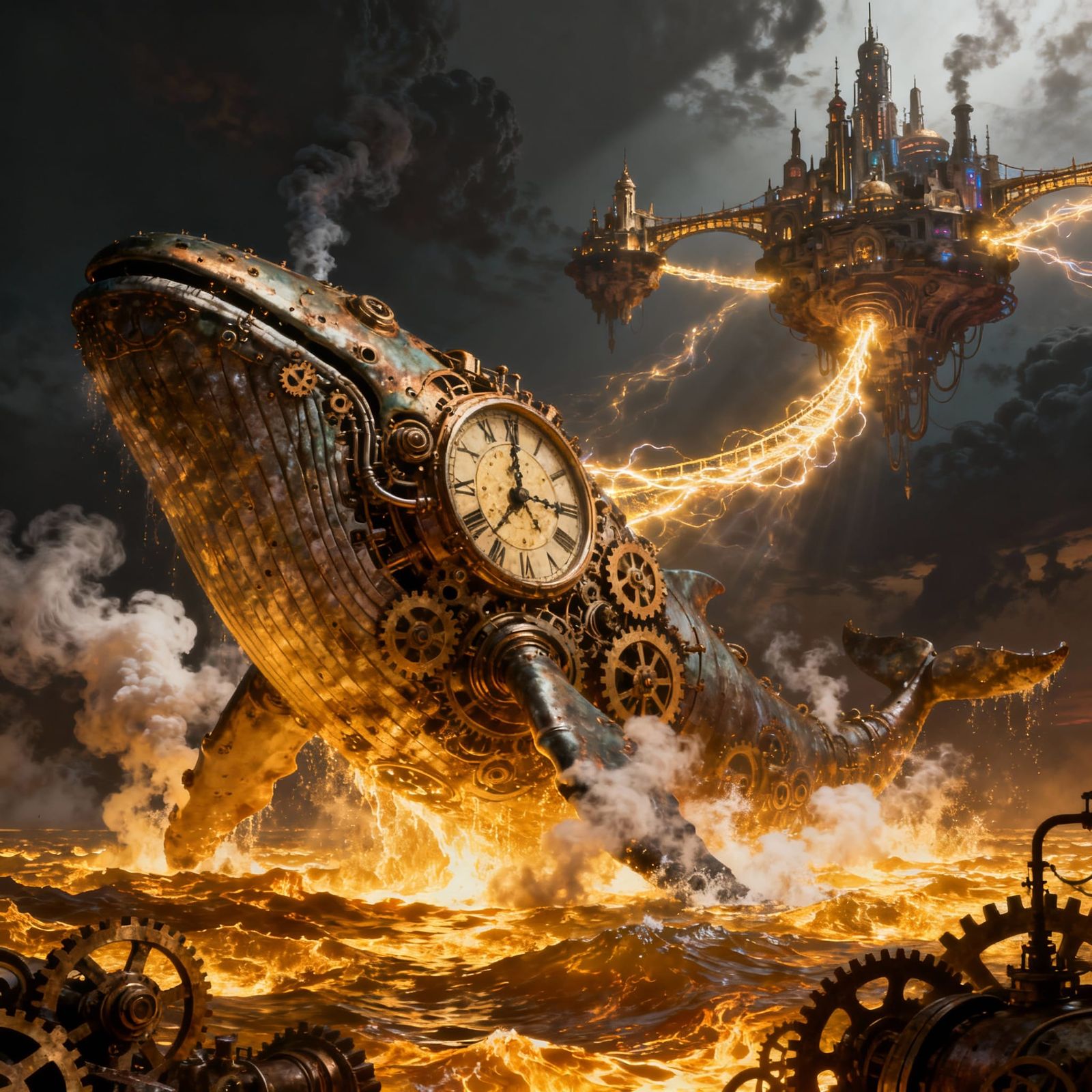 Clockwork Whale Breaches Molten Gold Sea