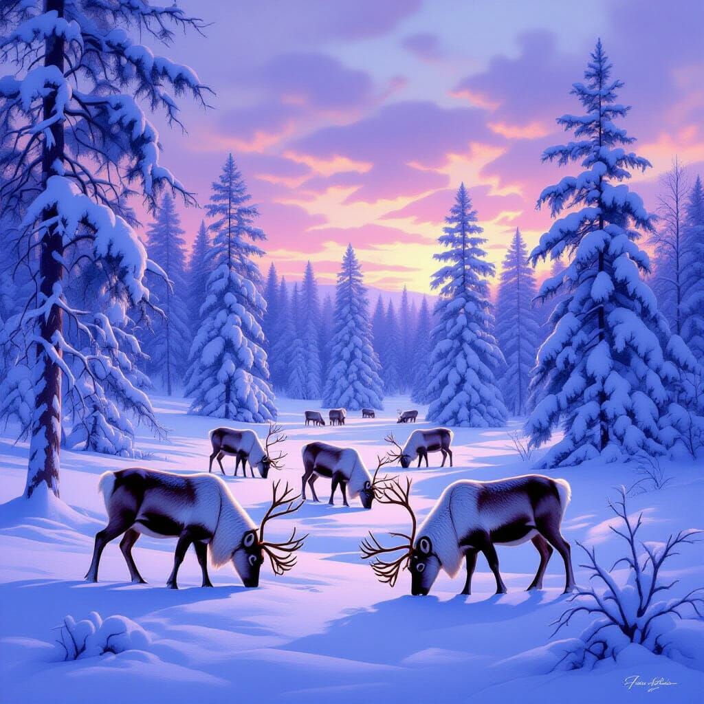 Majestic Reindeer Herd in Swedish Twilight Forest