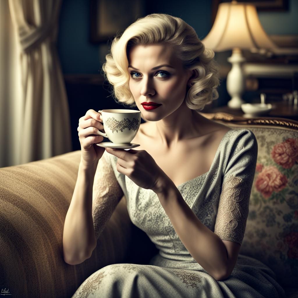 Elegant Blonde Woman Drinking Tea: Hyperrealistic 50s Style