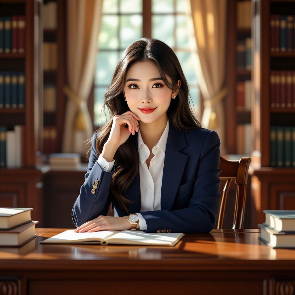 Smiling Student in Library, Digital Art Style