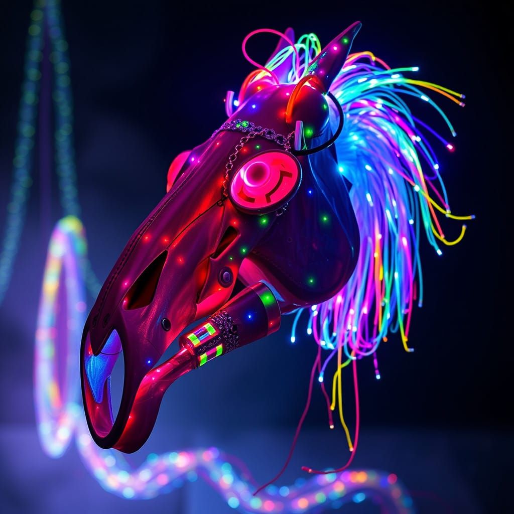 Glowing Mari Lwyd in Futuristic Mystic Landscape