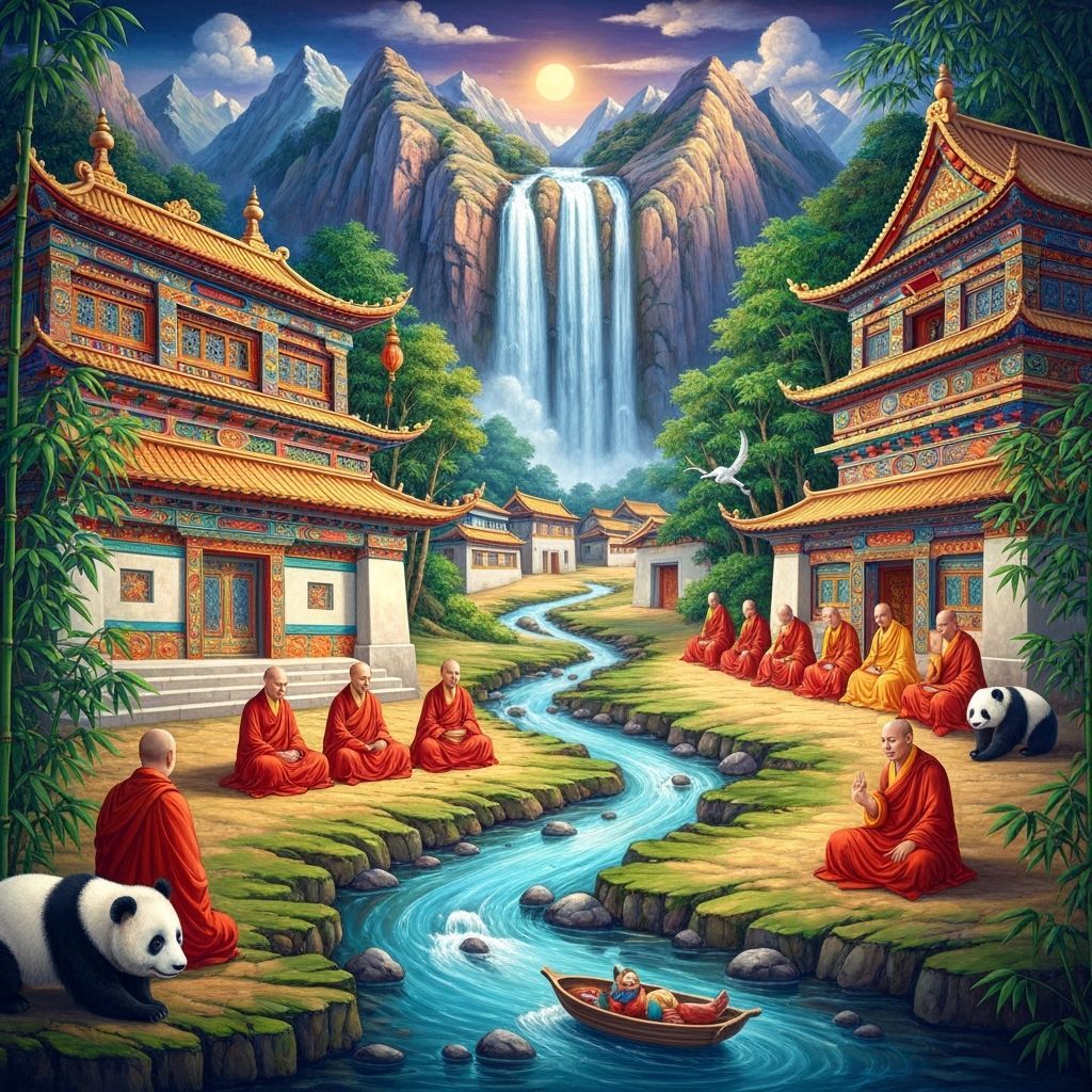 Hidden Village in Bamboo Forest: Fantasy Art Thangka