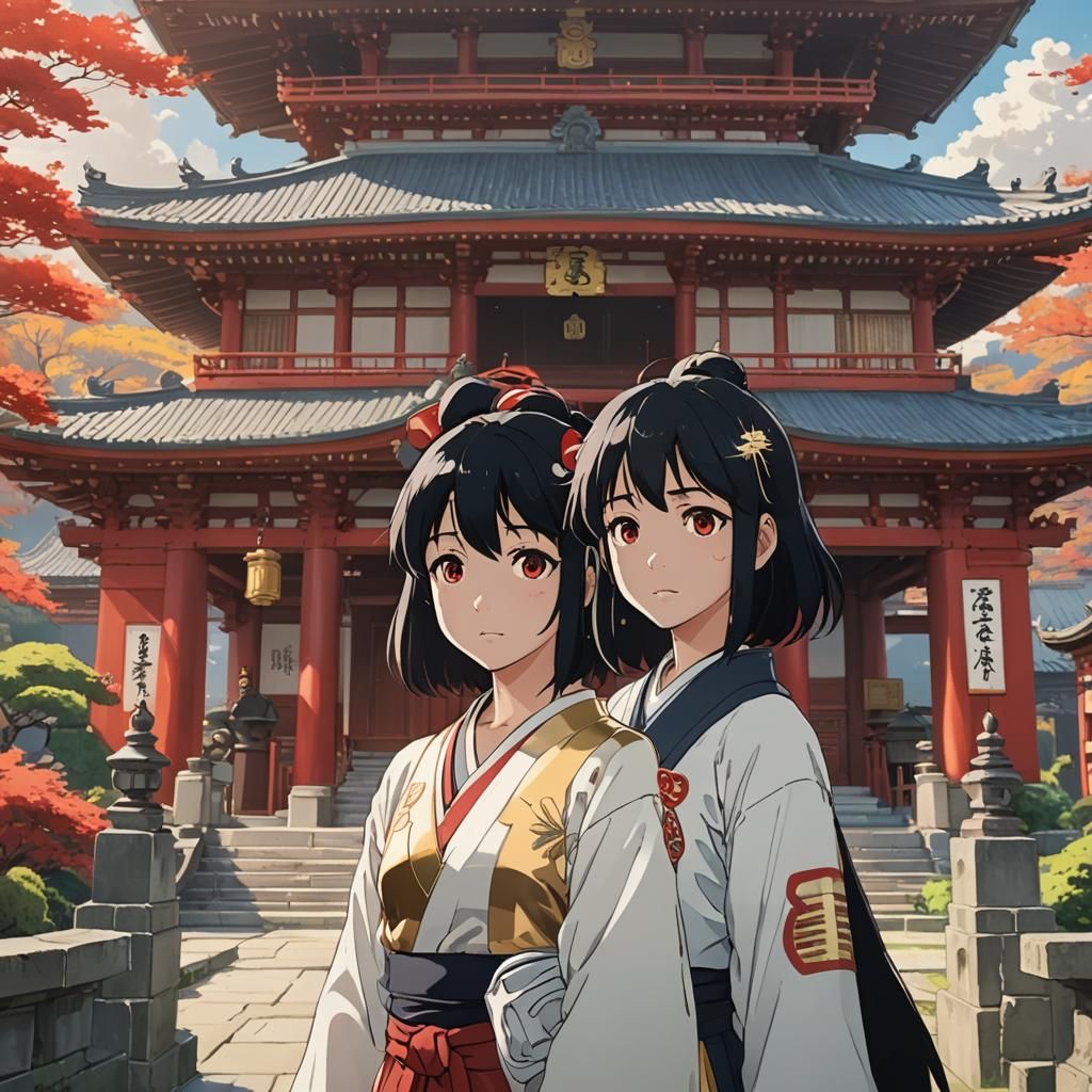 Anime Girls at Japanese Temple in Ghibli Style