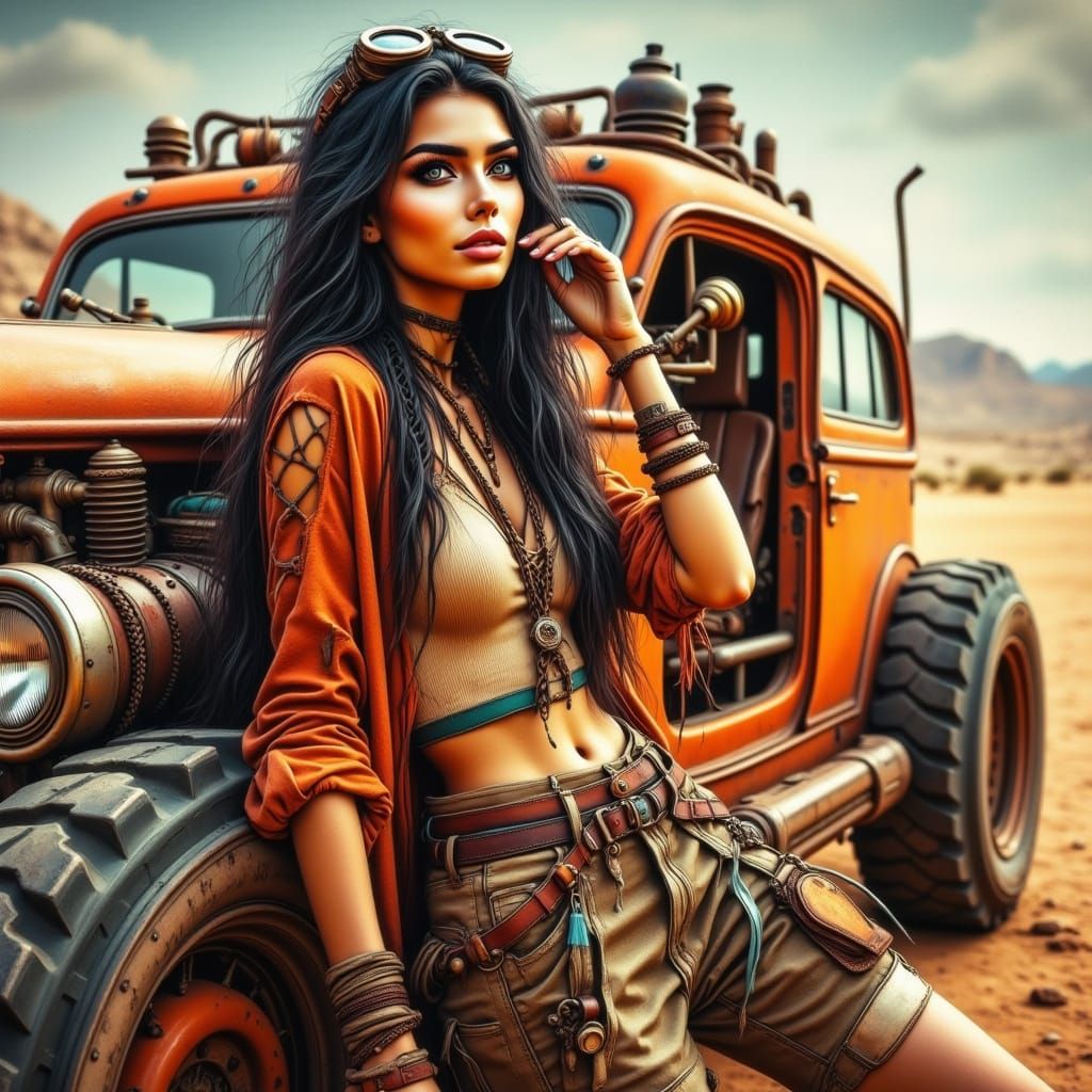 <lora:Beautiful women:1.0> Female Road warrior in a half body close up shot, portrayed in the style of Mad Max film. Her...