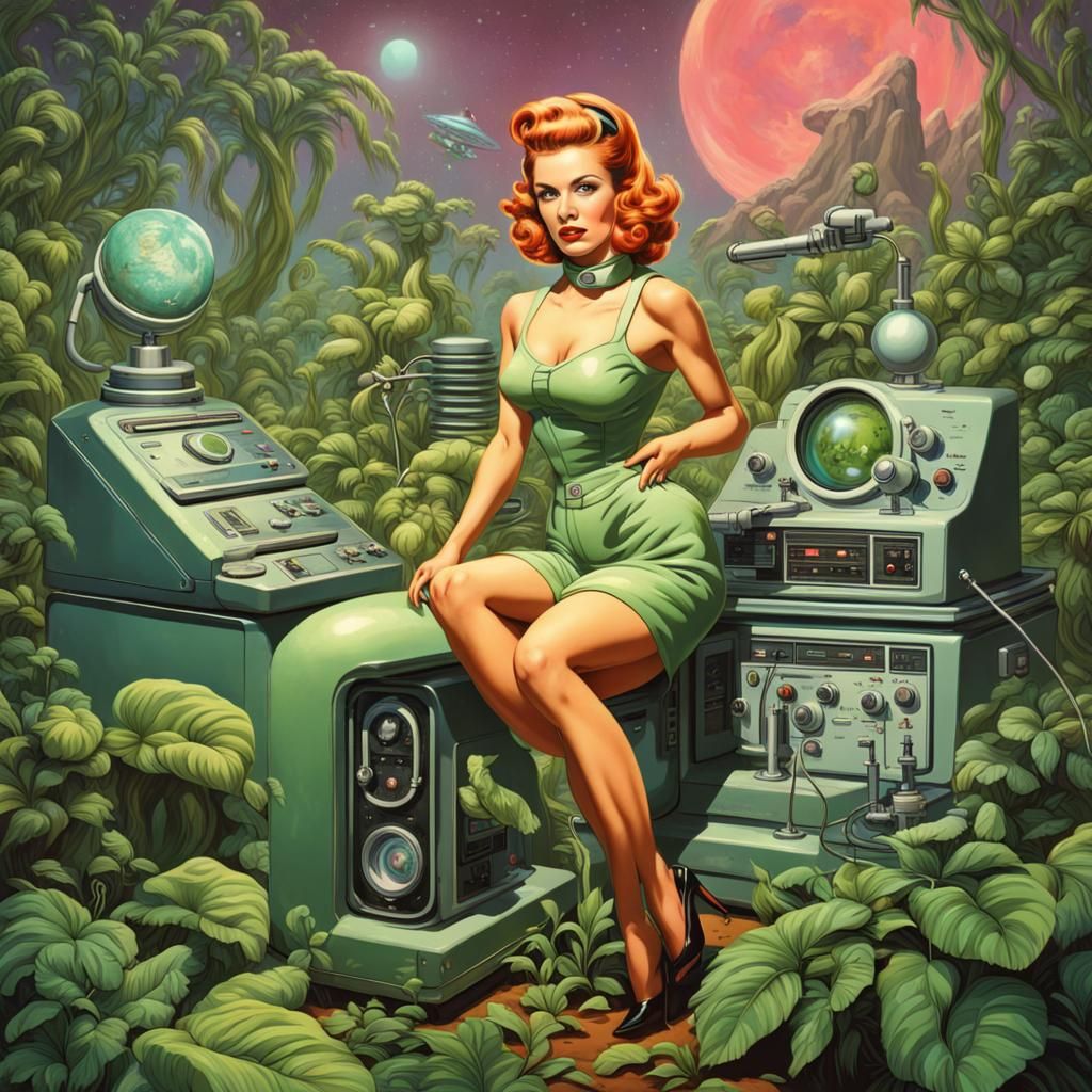 Retro-Futuristic Pinup Botanist on Alien Planet