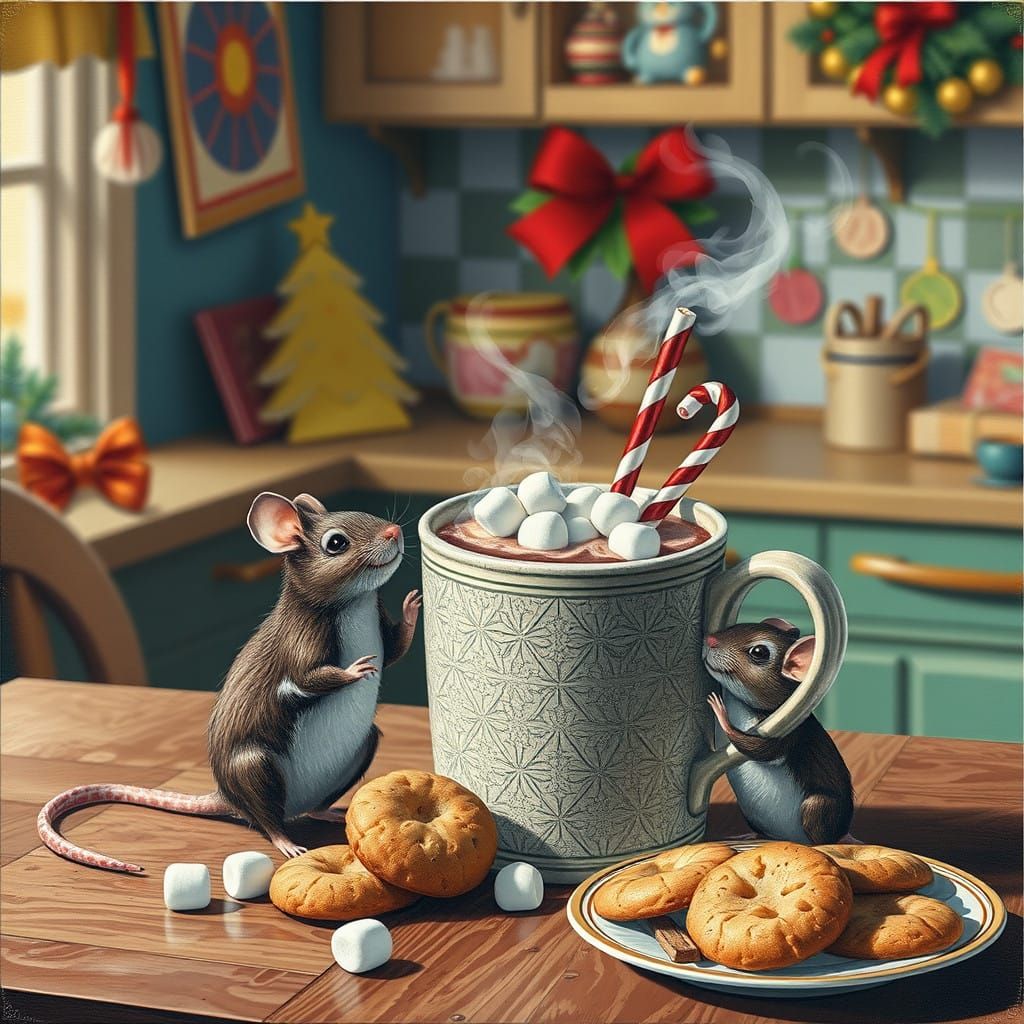 Winter Wonderland Mice Enjoy Hot Chocolate and Cookies