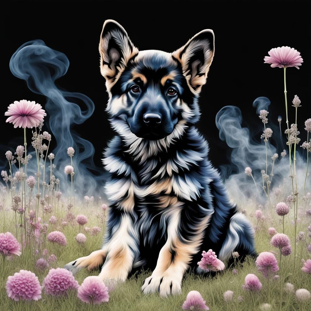 Liquid Ink German Shepherd Puppy Skeleton in Field