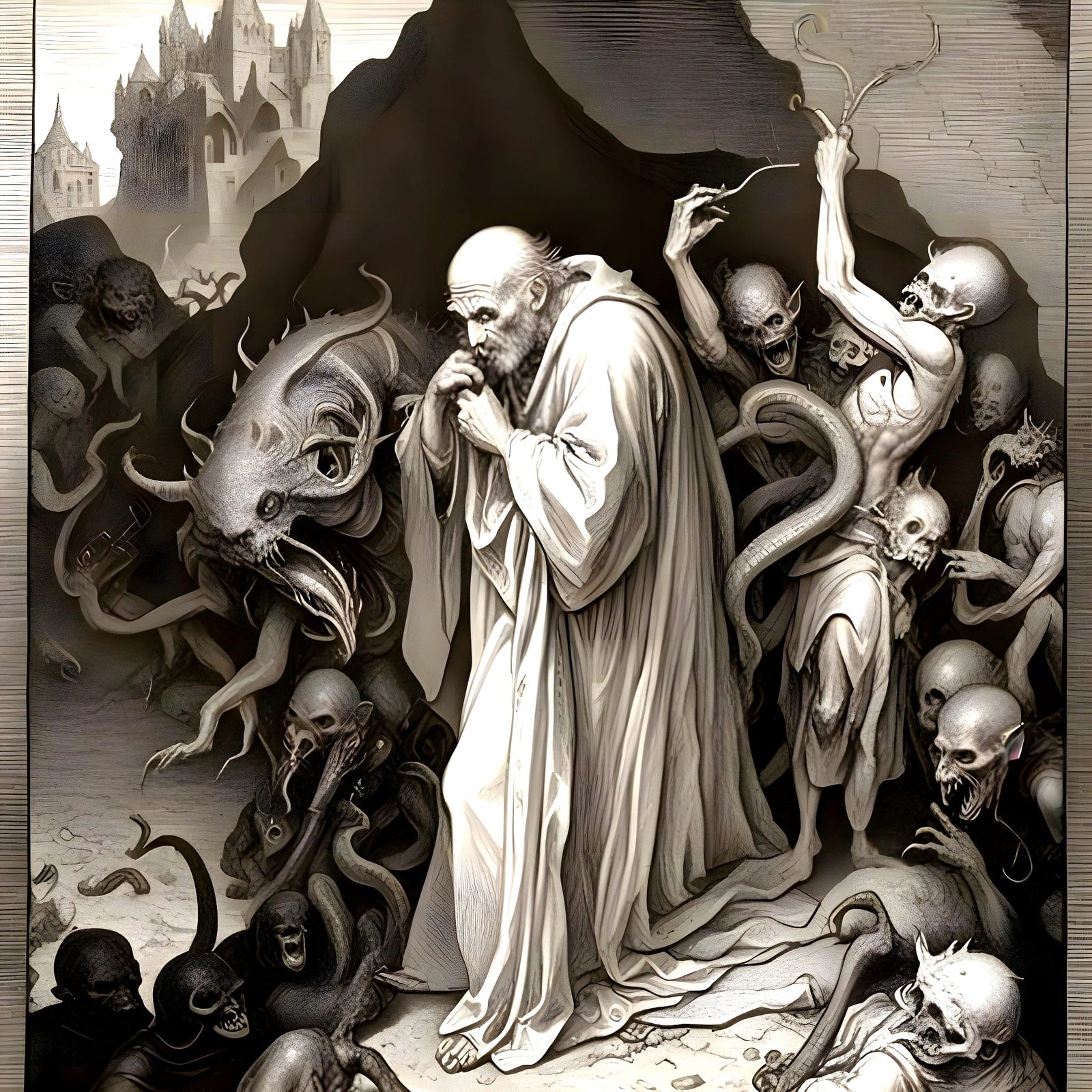 Hermit beset by hideous demonic creatures