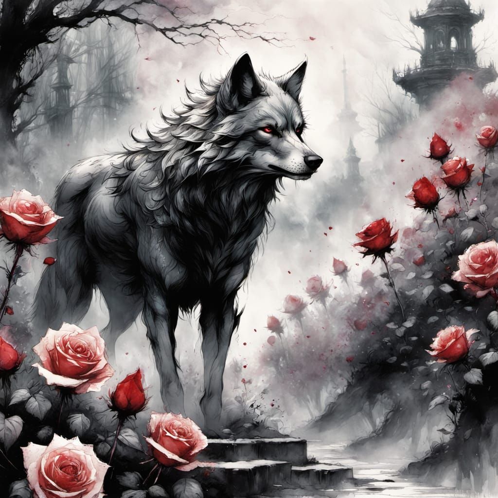 Wolf in Foggy Rose Garden, Graphic Novel Style