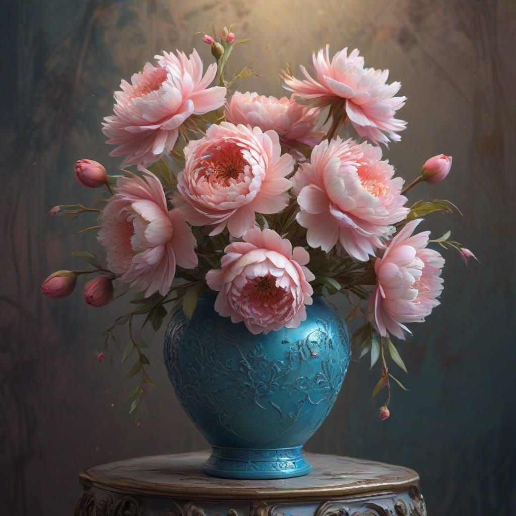 Crystal Peonies in Geometric Vase, Abstract Background