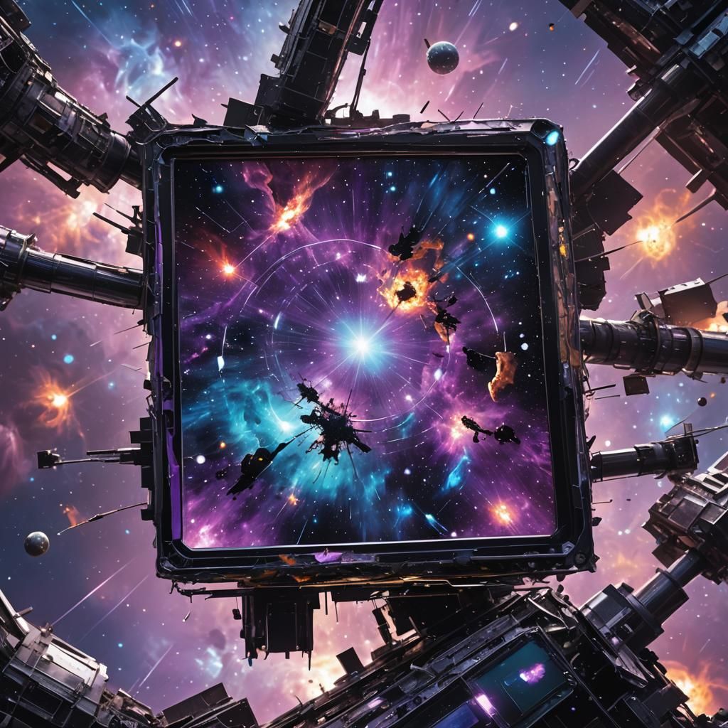 Futuristic Lab with Glitchy Hubble Image in Digital Art