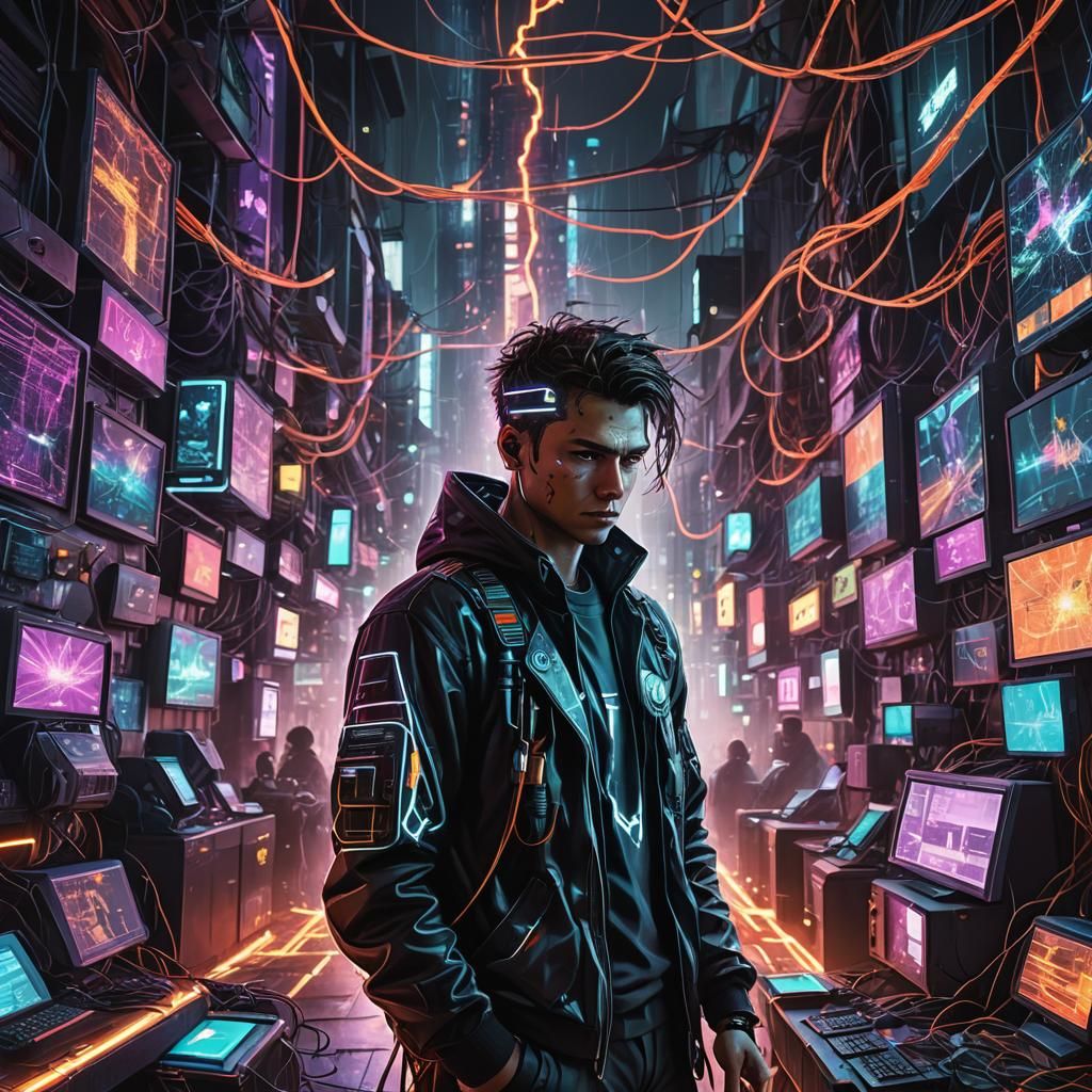 Cyberpunk Hacker in Neon Cityscape Digital Painting