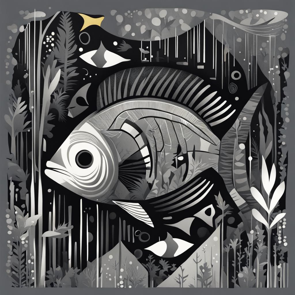 Egyptian Cartoon Fish Swimming in Abstract Jungle