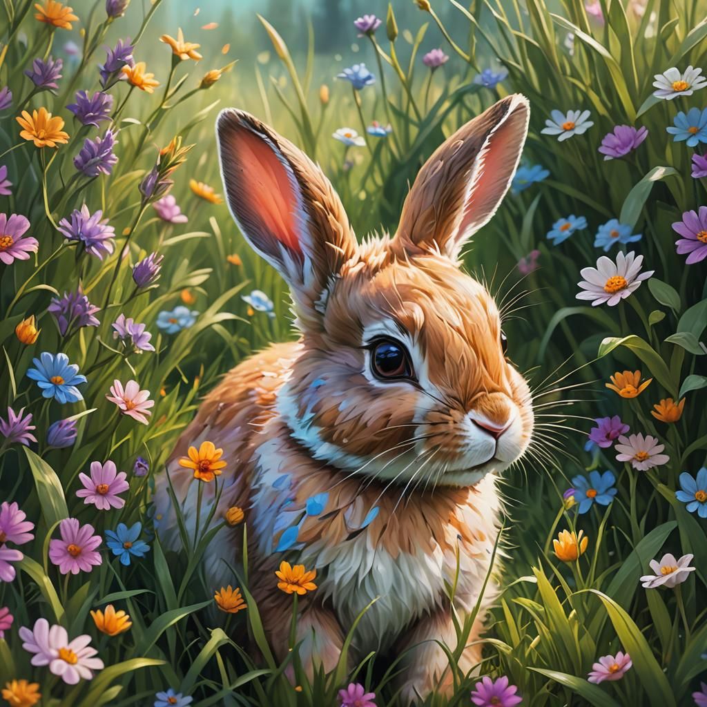 Adorable Baby Bunny in Dreamy Art Nouveau Meadow