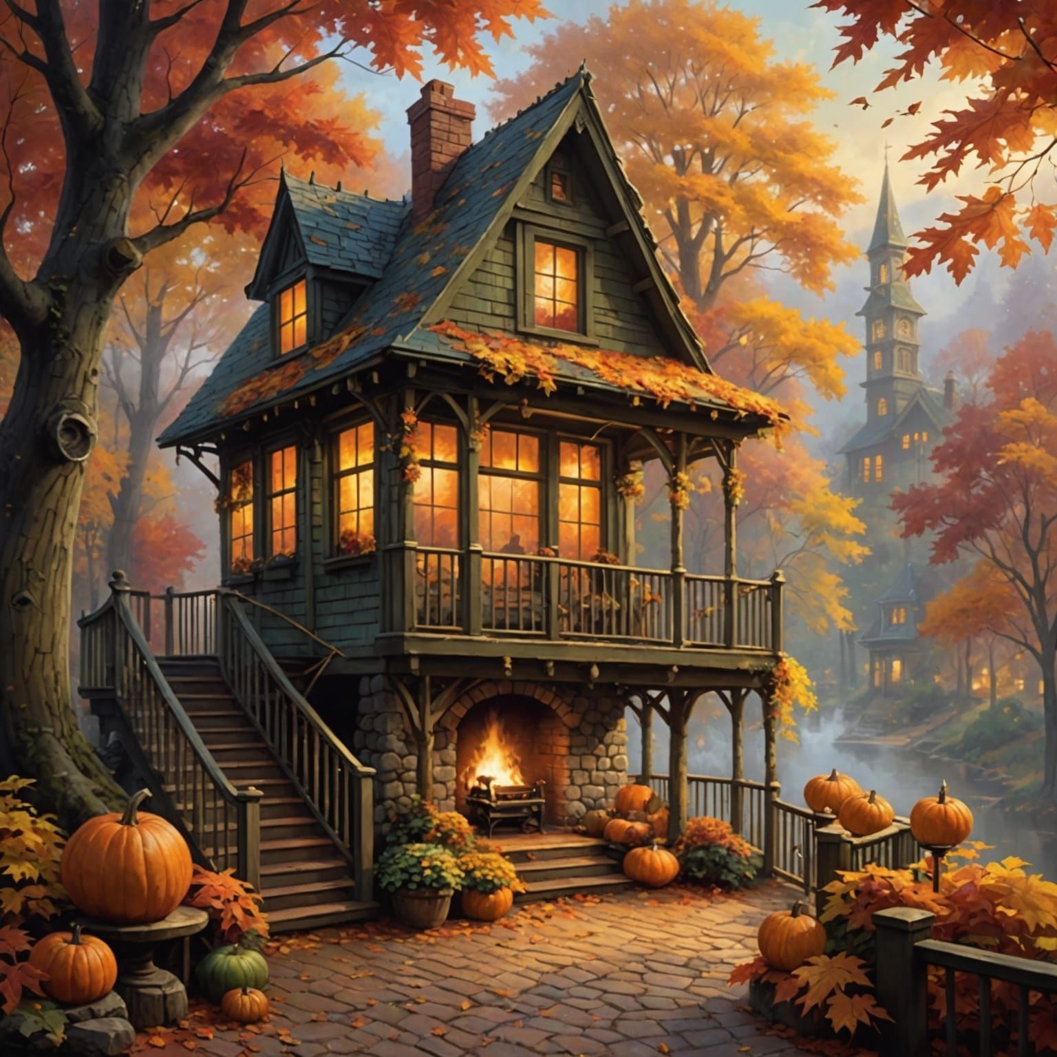 Autumn Treehouse Porch in Kinkade Style