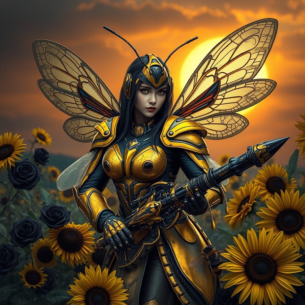 Surreal Bumblebee Warrior in Gothic Armor with Iridescent Sh...