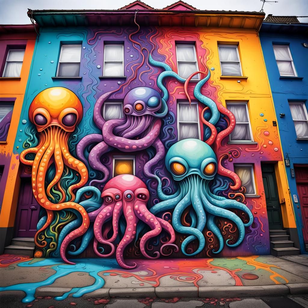 Colorful Alien Exoskeleton Houses in Graffiti Art