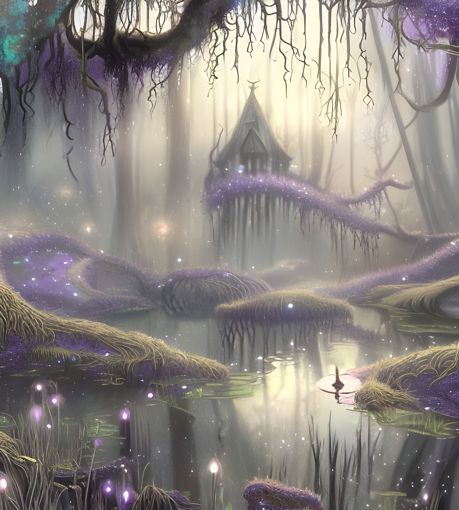 Magical Swamp Witch Shack Illustration with Luminous Crystal...