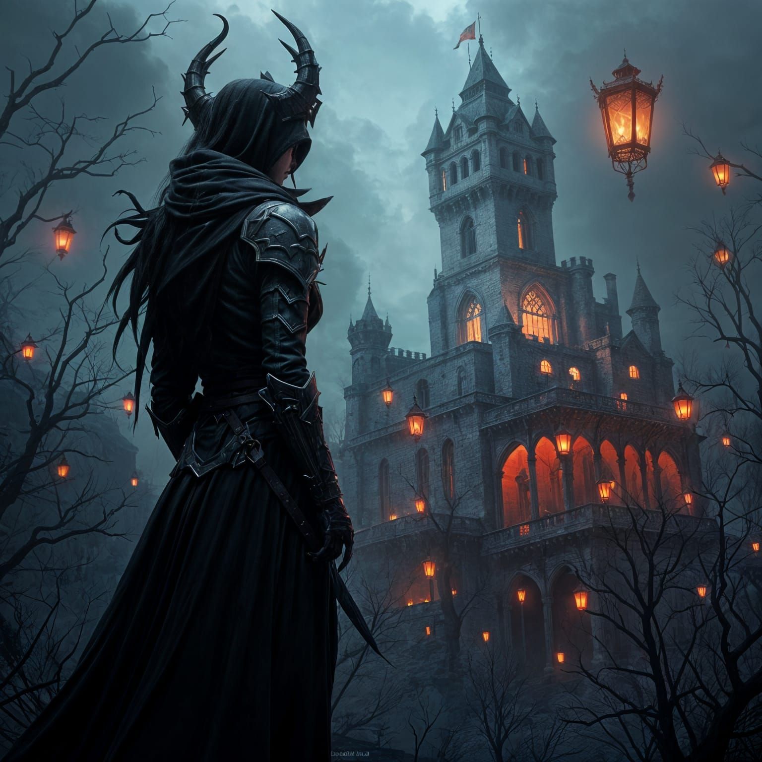 Dark Fantasy Castle in a Haunted Forest, Illuminated by Red ...