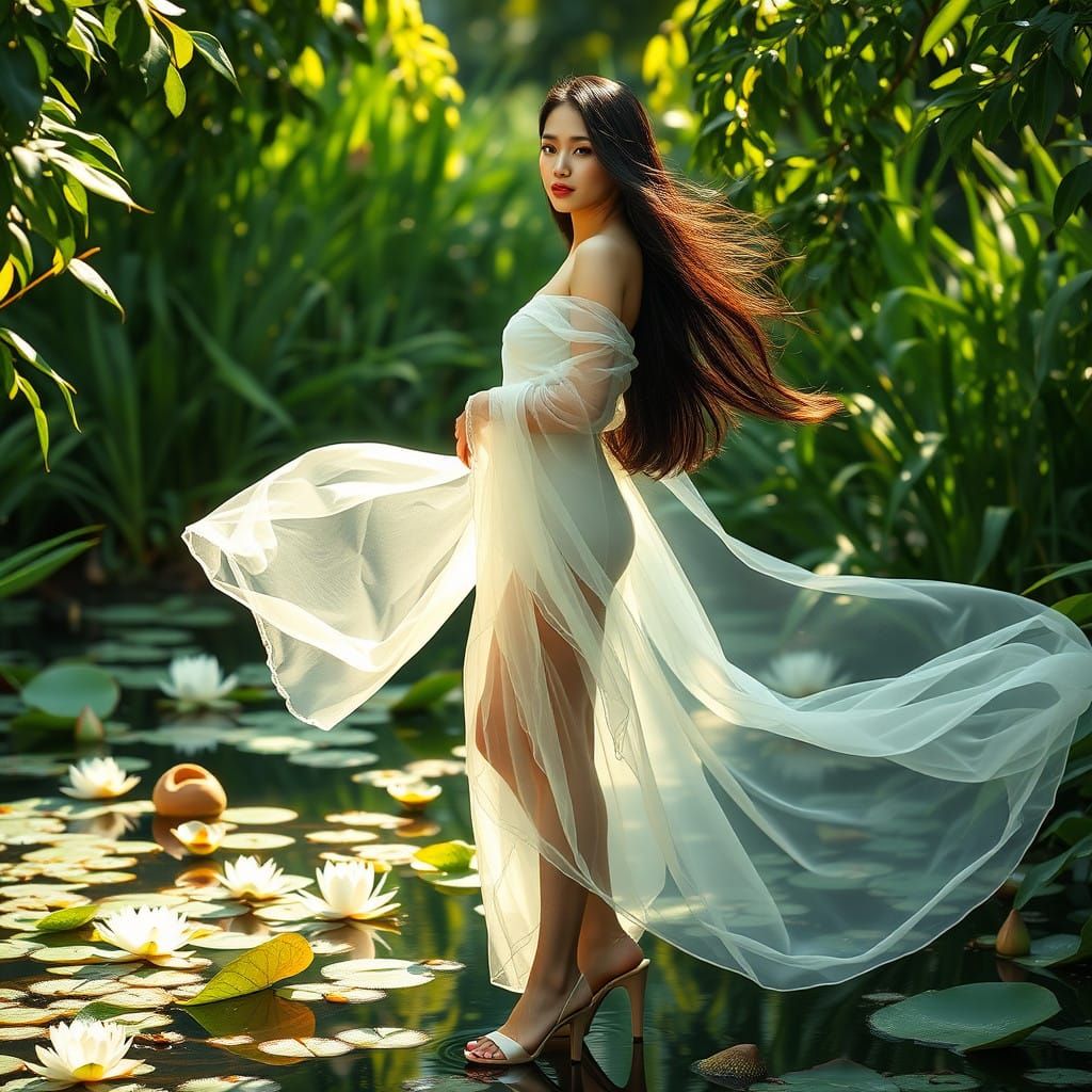 Elegant Thai Woman Amidst Water Lilies in Lush Green Landsca...