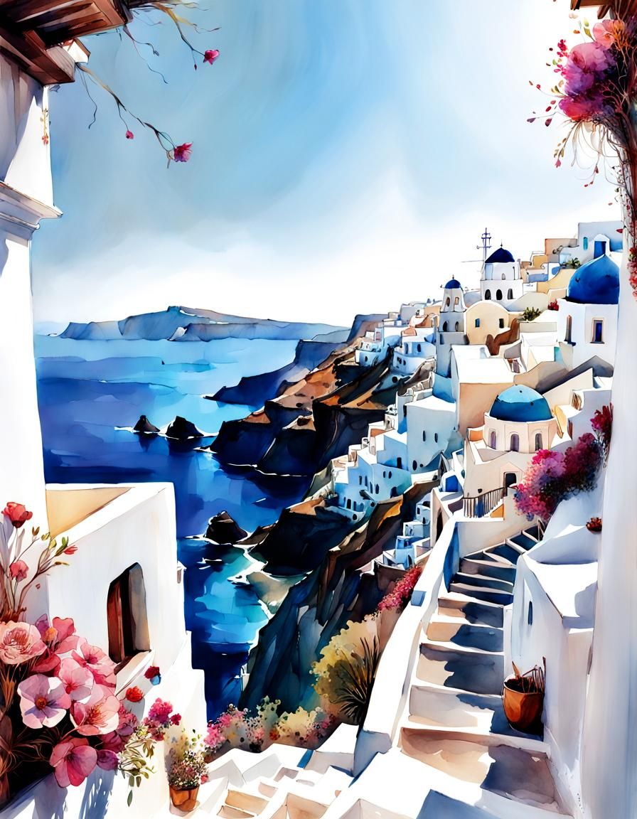 Santorini View in Digital Watercolor Style