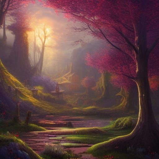 English Farmyard with Stained Glass Trees in Digital Art