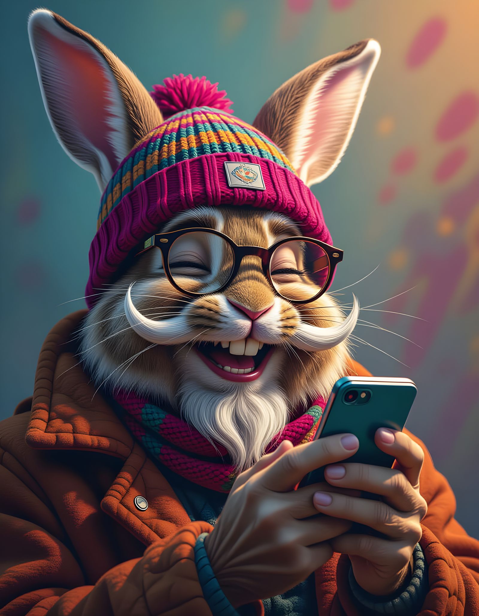 Rabbit Hipster Laughing at Cell Phone in Splash Art