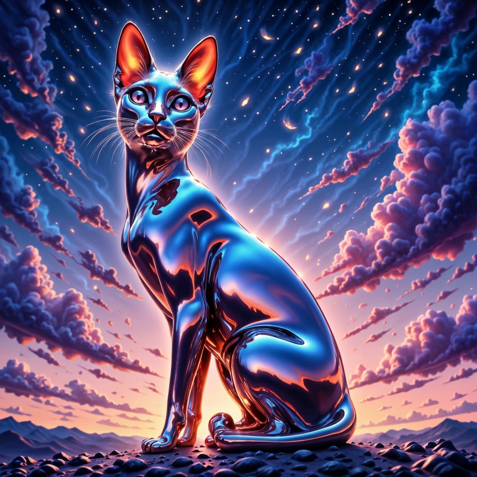 Liquid Metal Cat Bathed in Golden Twilight
