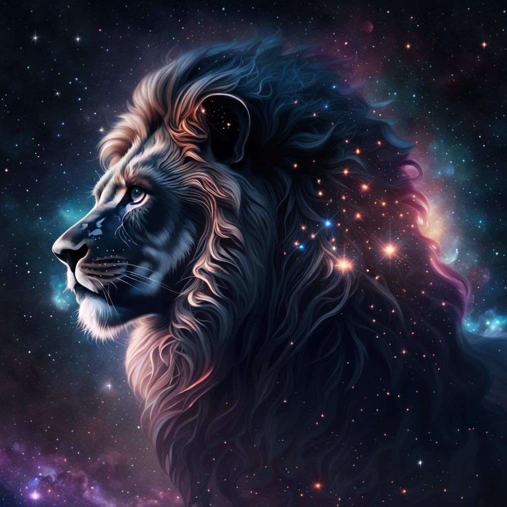 Galactic Lion Soaring Through Starry Skies