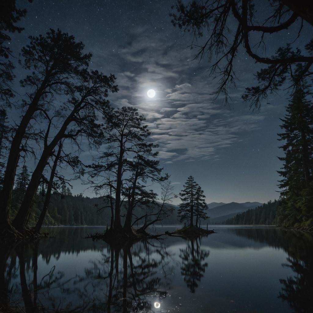 Nocturnal Lake Reflects Moon in Hyperrealistic Landscape