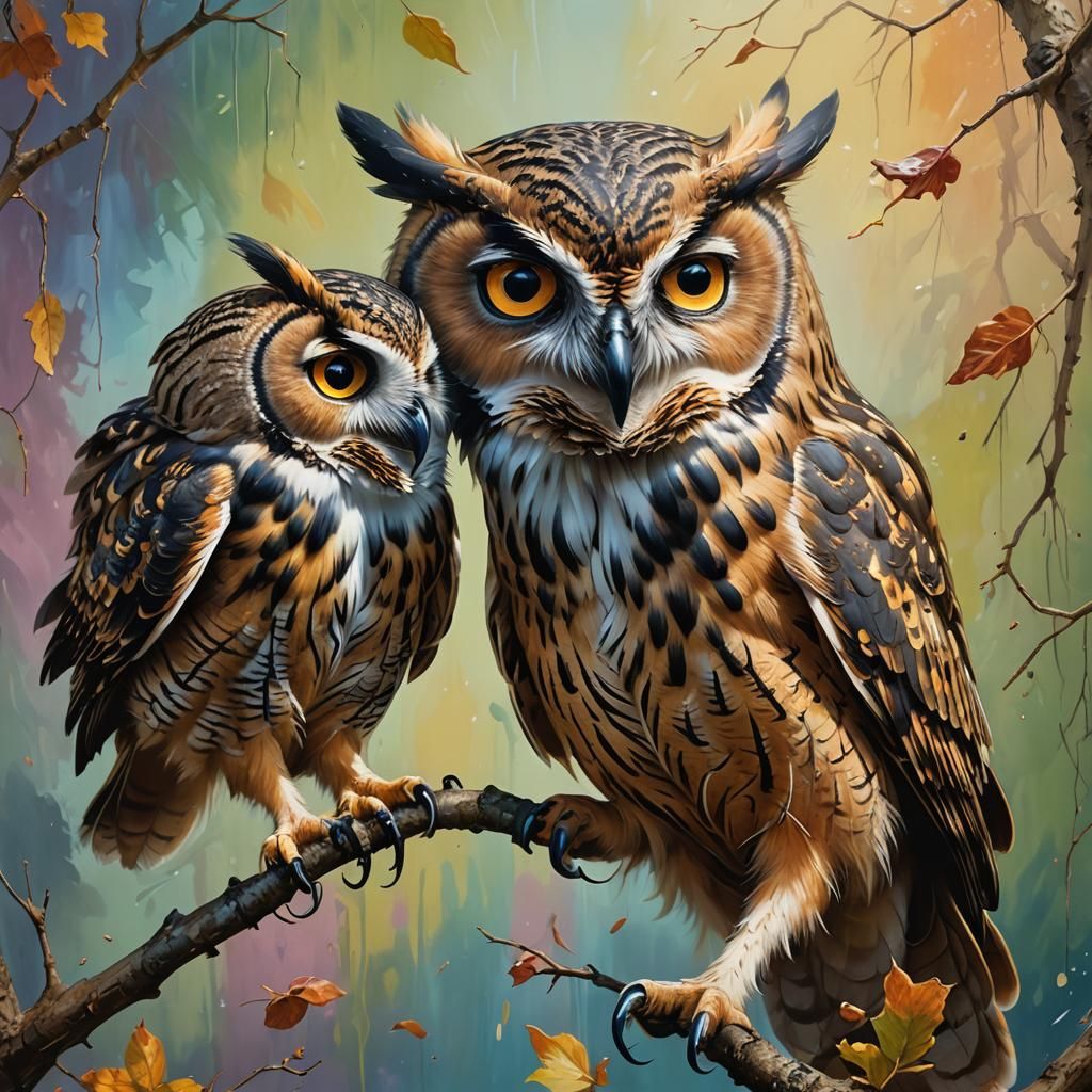Anthropomorphic Owls Playing, Hyperrealistic Splash Art