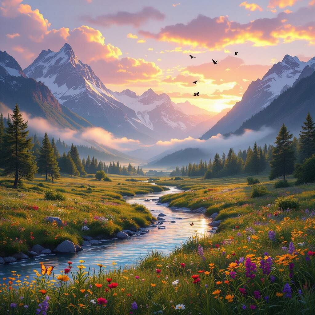 Golden Hour Mountain Valley Landscape with River