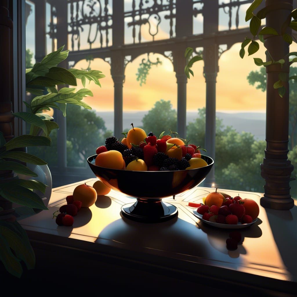 Crystal Bowl of Fruits on Terrace, Silhouette Art