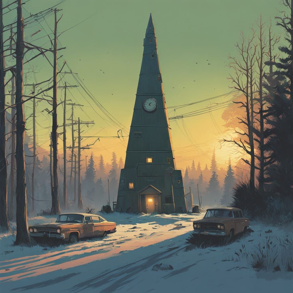 Surreal Clock Tower Emerges from the Earth in a Rustic, Atmo...