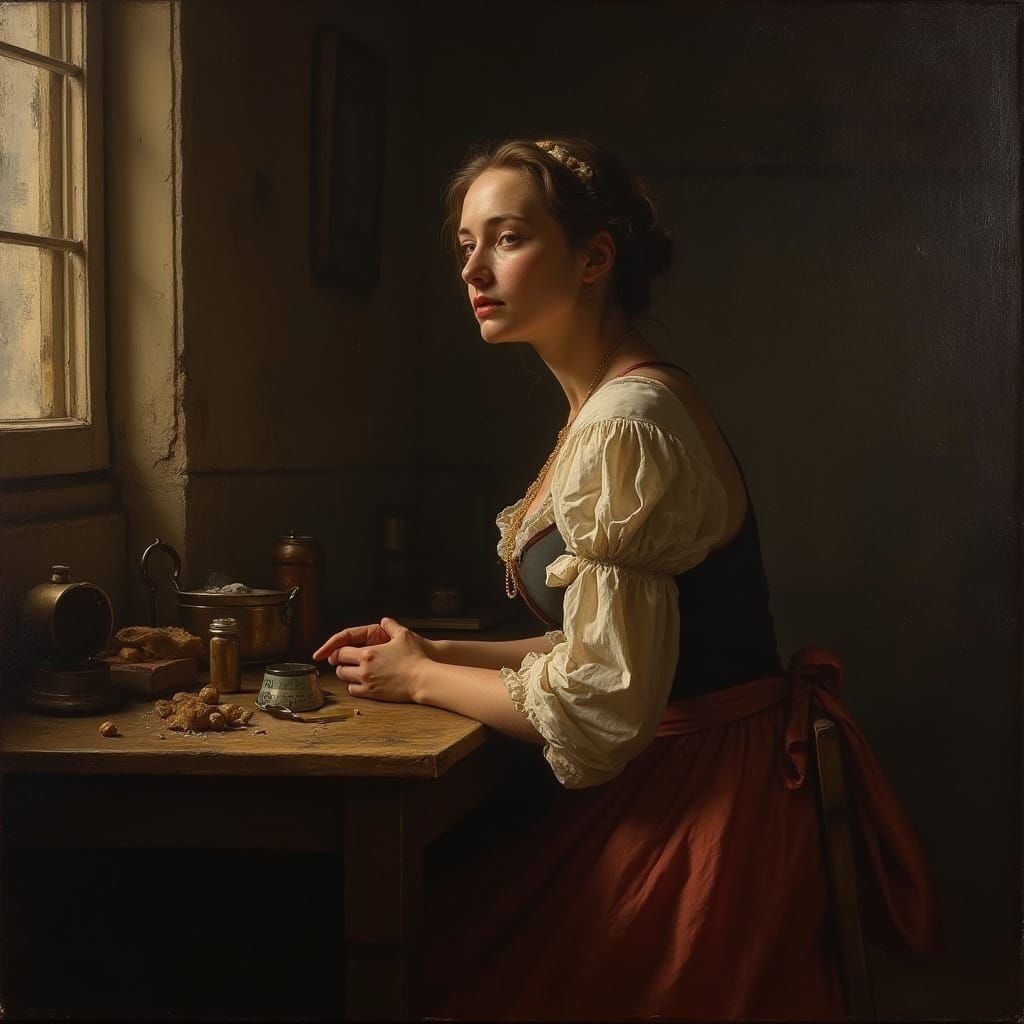 Woman in 18th-Century Kitchen, Painted in Boucher Style