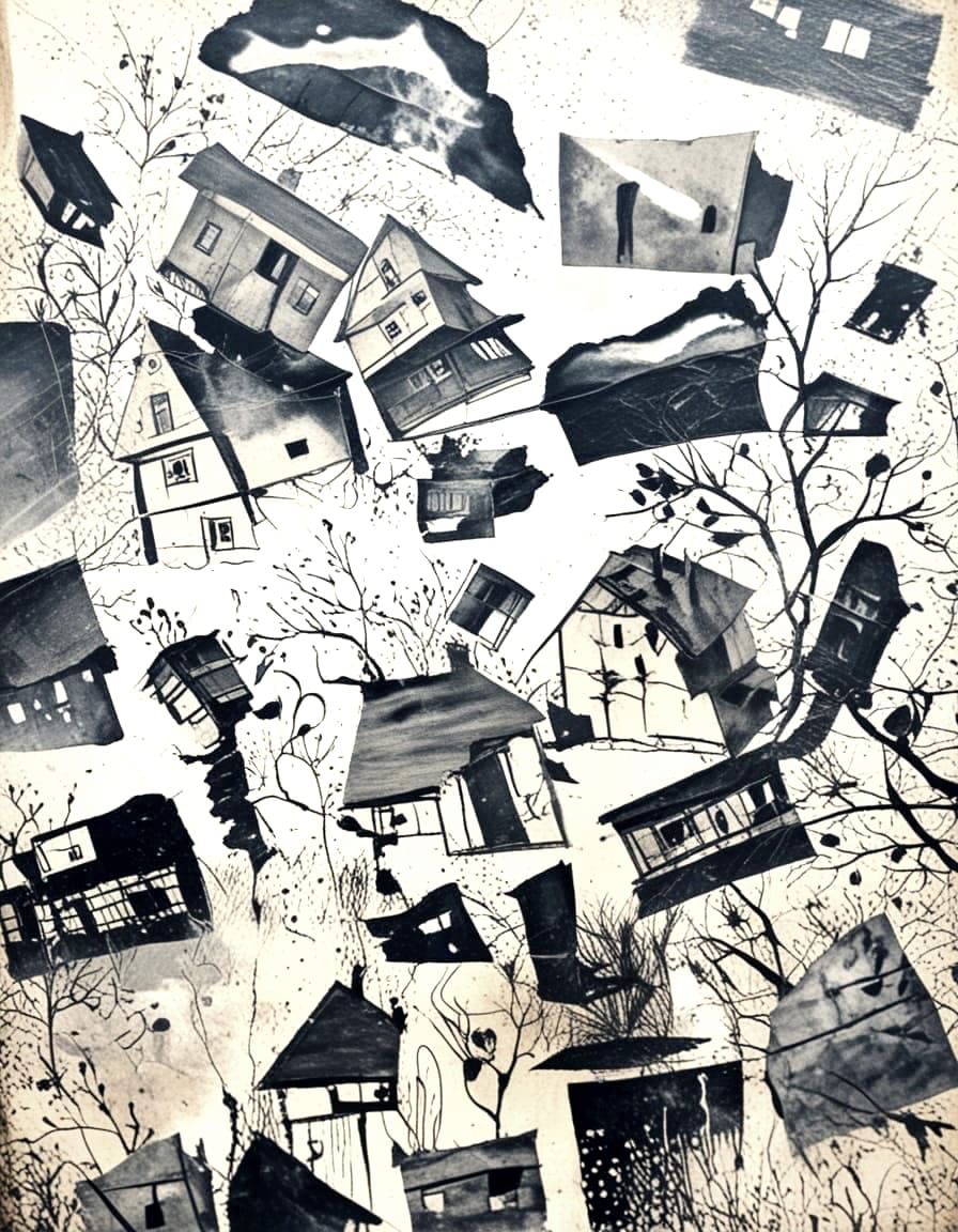 Abstract House Floating in Desert: Expressionist Oil Paintin...